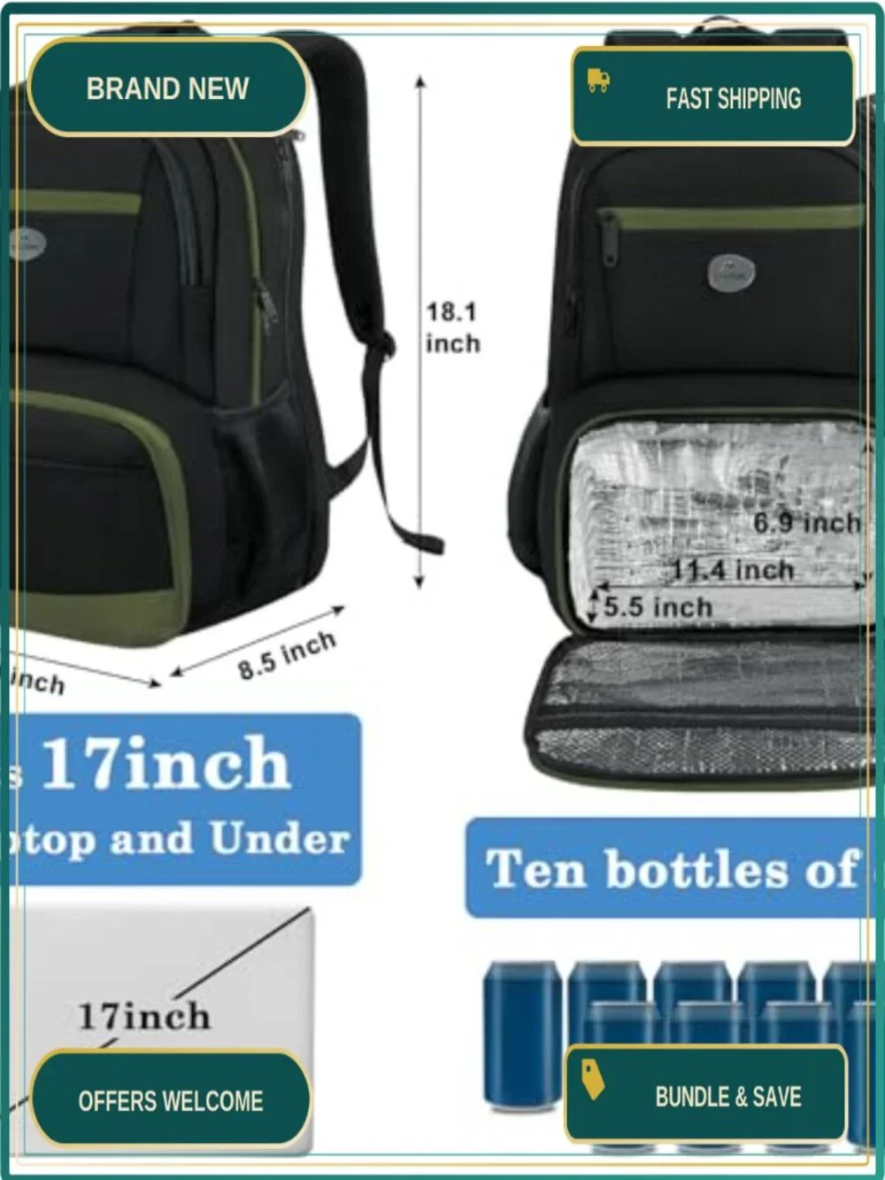 Work Laptop Backpack with Insulated Cooler Pocket, 17